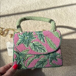 NWT Anthropologie Beaded Pink and Green Handbag